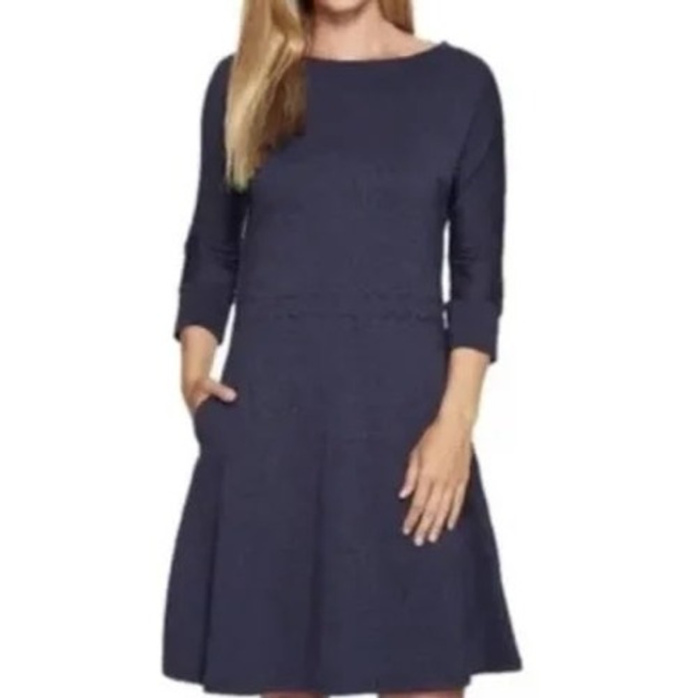 Toad&Co Womens Navy Blue 3/4 Sleeve Fit & Flare Boat Neck Pocket Dress Medium
